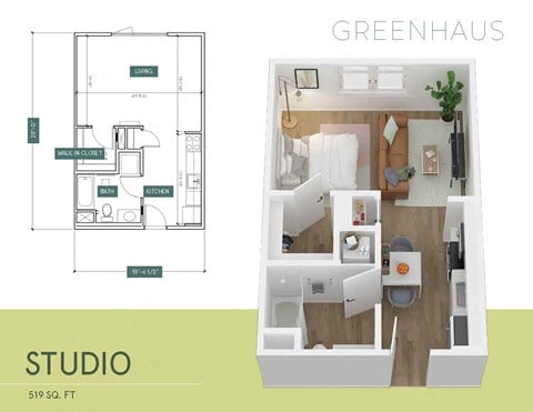 Floor plan for studio, 1 bath, 519 sqft